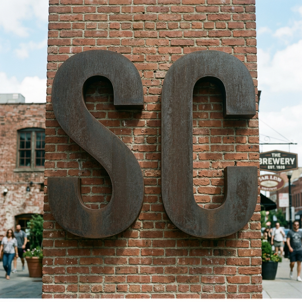 Large rusted metal letters SC on a brick wall with people walking in the background
